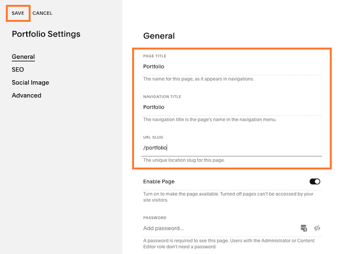 squarespace portfolio settings